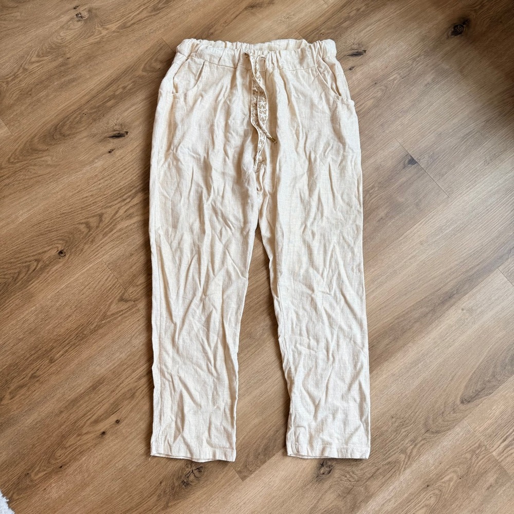 Mooi Moda Italy Linen Pants Beige Gold Metallic Sparkle Drawstring Boho